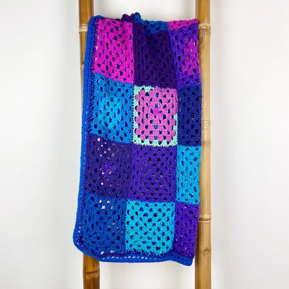 Granny Square Crochet Blue & Purple Afghan Throw Blanket